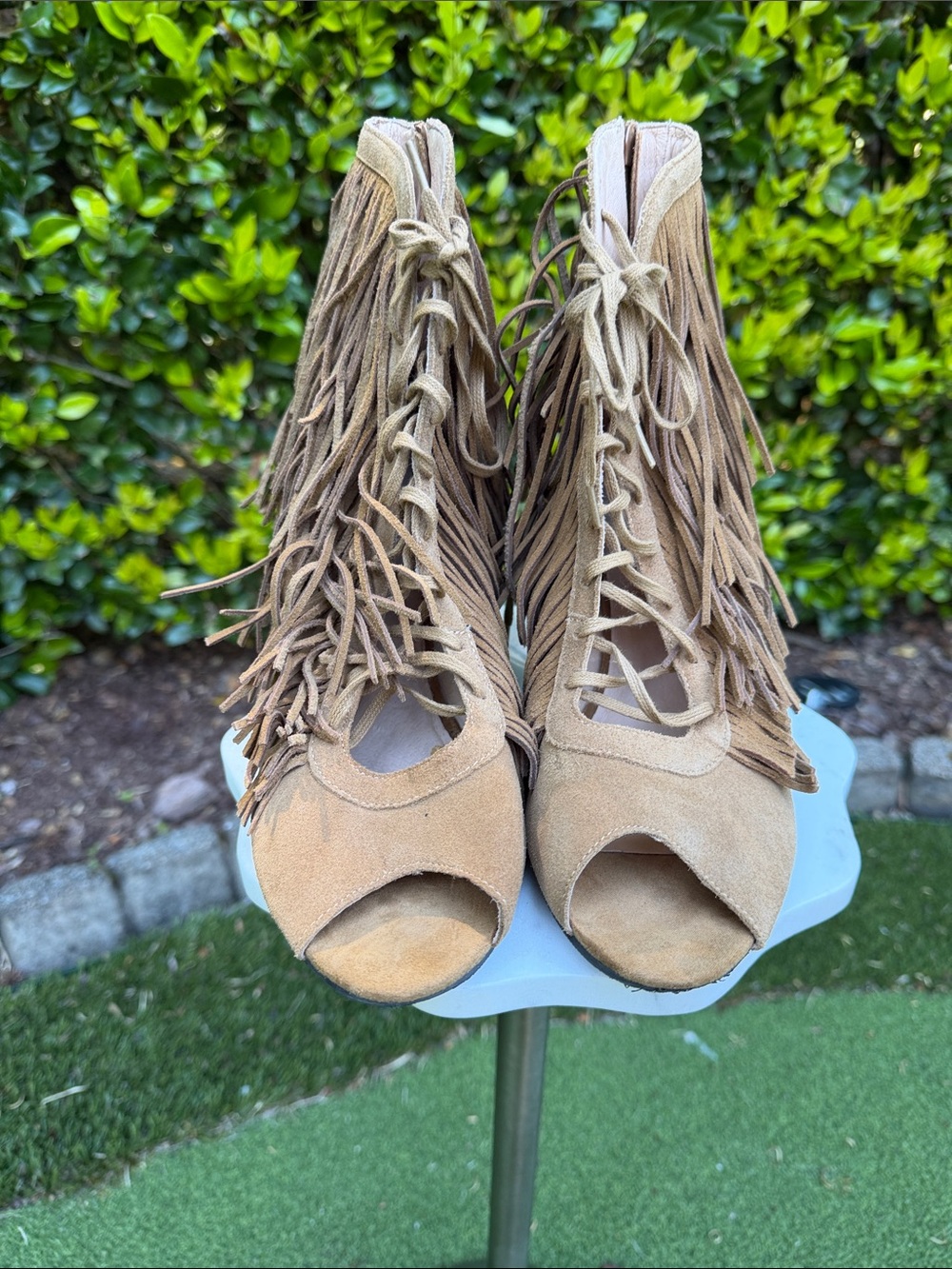 Joyfolie Boho Fringe Lace-Up Peep Toe Women's Heels in Tan Suede Size 10.5